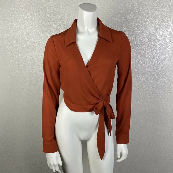 Forever 21 Women's Blouse Wrap Collar Crop Long Sl - Picture 1 of 5